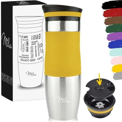 Afbeelding van Milu Thermosbeker 370ml 450ml Geïsoleerde mok Koffiemok voor onderweg 100% lekvrij Roestvrijstalen drinkmok Automok dubbele wand isolatie Thermo Reismok ( mango, 450 ml).
