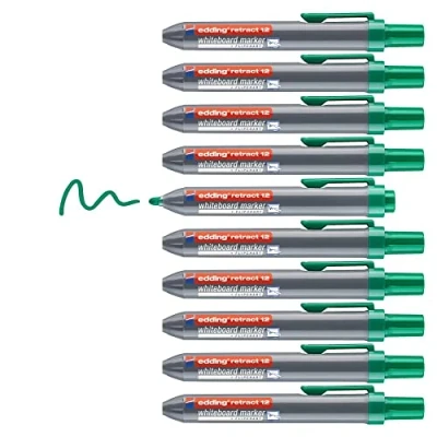 Afbeelding van edding 12 Retract whiteboardmarker groen 10 whiteboardstiften ronde punt 1,5 3 mm doploos design voor bediening met één hand op whiteboard, flipchart, magneetbord, pinwand, memobord