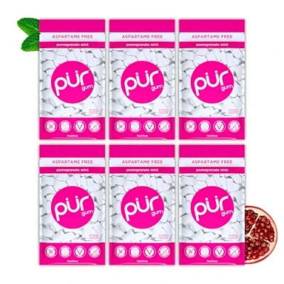 Afbeelding van PUR Gum Suikervrije Kauwgom 100% Xylitol Veganistisch, Aspartaamvrij &amp; Glutenvrij Natuurlijke Pomegranate Mint Smaak Kauwgom, 55 Stuks (Pak van 6)