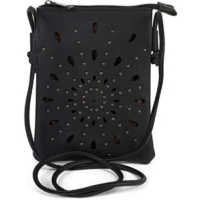 Afbeelding van styleBREAKER Dames Mini tas schoudertas met uitsparingen in etnobloemvorm en studs, schoudertas, handtas, 02012304, kleur:Zwart