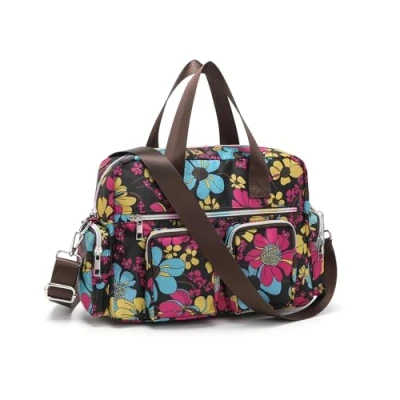 Afbeelding van KONO Lichte dameshandtas met bloemenpatroon, waterdichte hengseltas, grote schoudertas voor vrouwen, multifunctionele werk, shopper, reizen, zwart