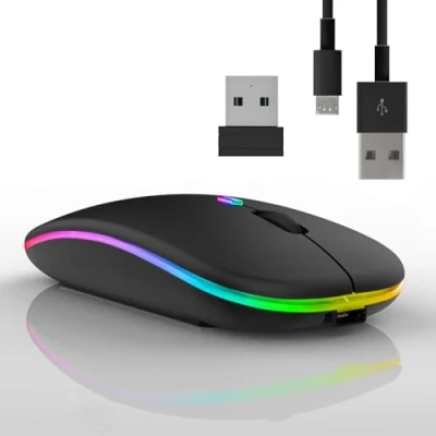 Afbeelding van Vinmooog Draadloze muis, oplaadbaar, ergonomische bluetooth 3DPI computermuis, stil, 7 kleuren, met 2,4 GHz USB ontvanger (zwart)