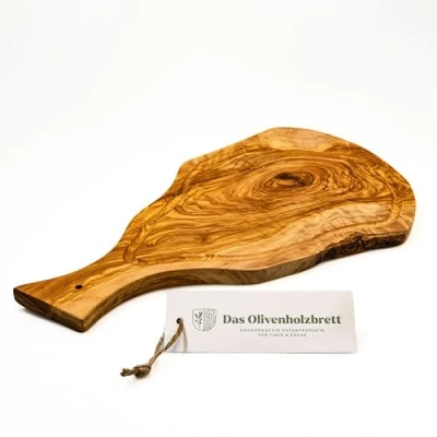 Afbeelding van das Olivenholzbrett® Snijplank van olijfhout met sapgoot en handvat in natuurlijke snede/steakplank olijfhout/serveerplank/kaasplank rustiek ca. 40 43 cm lang ..