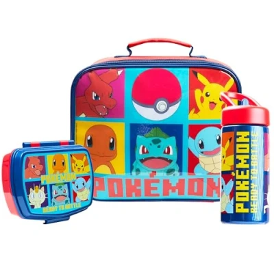Afbeelding van Pokemon Kids geïsoleerde lunchtas, doos en fles, 3 delige set anime geschenken (rood/blauw)