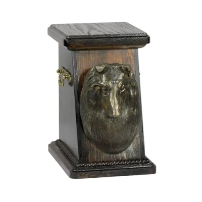 Afbeelding van Art Dog Custom Memorial Urn Handgemaakte Box Koudgegoten bronzen hondenkop op berkenbasis 19cmx32cmx30cm Sheltie, Shetland herdershond
