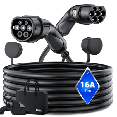 Afbeelding van Tera EV oplaadkabel type 2: 3,6 kW, 16 A, 7 meter, 1 fase, 2 naar 2, mennekes, IP55, snellaadkabel, elektrische auto, voor e EV/PHEV, Duitse handleiding DC 16A 7, zwart