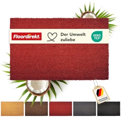 Afbeelding van Floordirekt deurmat voor binnen en buiten, 80 x 100 cm, rood, van kokos, vuilvangmat huisdeur, antislip voetmat, kokosmat, voetveger (24 mm)