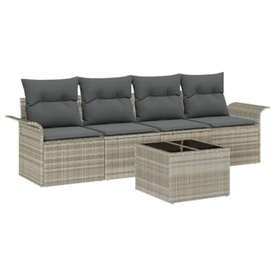 Afbeelding van vidaXL 5 delige tuinsofa set met kussens lichtgrijs poly rattan, 2 zits opslag &amp; rattan