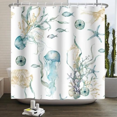 Afbeelding van Douchegordijn, polyester, sneldrogend, wasbaar, wit, blauw, zeester, waterdicht, schimmelbestendig, voor badkamer, lang gordijn, inclusief 12 gordijnhaken, 180 x 200 cm