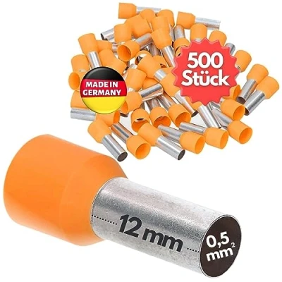 Afbeelding van 500 stuks Kalitec AE0512OR adereindhulzen geïsoleerd 0,5 mm² 12 mm lang oranje I Made in Germany Industriële kwaliteit