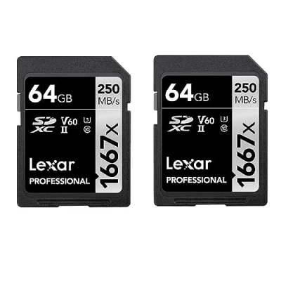 Afbeelding van Lexar Professional 1667x SD Kaart 64GB 2 pak, SDXC UHS II Geheugenkaart, Tot 250 MB/s lezen, Class 10, U3, V60, voor professionele fotograaf, videograaf, liefhebber (LSD1667064G B2NAA)