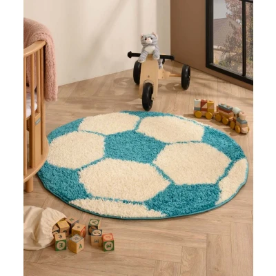 Afbeelding van Rond Vloerkleed Kinderkamer Voetbal Crème/turquoise 120 Cm