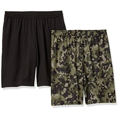 Afbeelding van Amazon Essentials Men&#039;s Performance Tech korte broek met losse pasvorm (verkrijgbaar in grote en lange maten), Pack of 2, Zwart/Groen Geo Camo, L