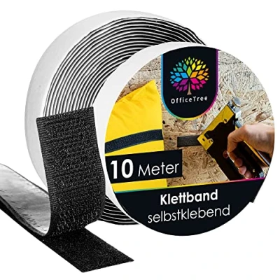 Afbeelding van OfficeTree Zelfklevende Klittenband 10 Meter Zwart Zelfklevend 20 mm Breed Extra Sterk 1 Rol Lusband en Haakband