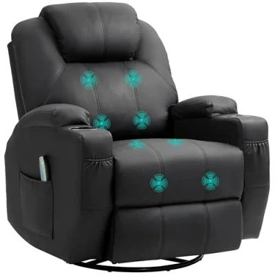 Afbeelding van HOMCOM Relaxstoel met massagefunctie, elektrische televisiestoel ligfunctie, kantelfunctie, draaibare massagestoel veersysteem, afstandsbediening, bekerhouder en zijzak, zwarte stoel