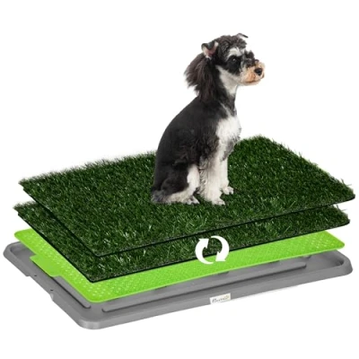 Afbeelding van PawHut Hondentoilet, hondentoilet met 2 grasmatten, dienblad voor potjestraining, puppytoilet puppy&#039;s, binnen en buiten, groen, 67 x 41 cm