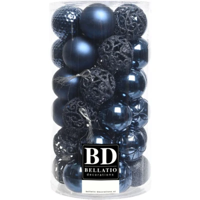 Afbeelding van 37x stuks kunststof kerstballen donkerblauw 6 cm inclusief kerstbalhaakjes Kerstbal