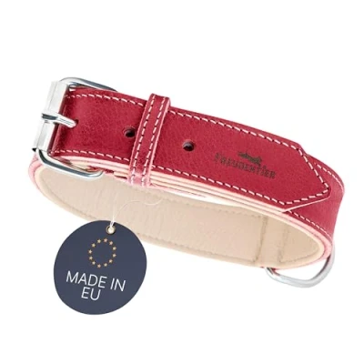 Afbeelding van FREUDENTIER® Hondenhalsband van leer, gevoerd en comfortabel, hoogwaardige, brede leren halsband volnerfleer, Amstelpark collectie in Spicy Red (25,5 cm 33,5 halsomtrek, rood)