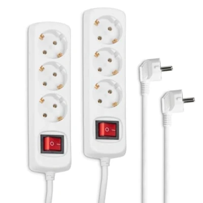 Afbeelding van Hama Set van 2 stekkerdoos 3 voudig (2x meervoudige met schakelaar om energie te besparen, stopcontacten 45 graden gedraaid, kabel 1,4 m, GS getest) wit