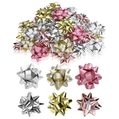 Afbeelding van Wilhelm Sell® 60x zelfklevende geschenkstrikken 5 x 2 cm kleurrijke strikken voor geschenken decoratieve kant en klare Kerstmis, verjaardagen bruiloften (zilver/goud/roze)