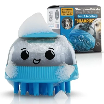 Afbeelding van BluePet Vulbare badborstel voor hondenshampoo, masseren van shampoo en stimulerende massage, verwijdert vuil losse vacht, incl. 2 opzetstukken (zacht stevig) alle rassen vachtsoorten