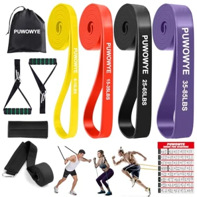 Afbeelding van Weerstandsbandenset, 4 verschillende niveaus fitnessbanden met deuranker, handgrepen, beschermhoes, draagtas en trainingshandleiding, weerstandsbanden voor fitness/yoga/krachttraining mannen