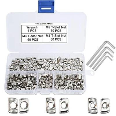 Afbeelding van 184 stuks T moeren M3 M4 M5 slot noten assortiment kit van koolstofstaal vernikkeld met 4 inbussleutels voor 20 series aluminium profiel