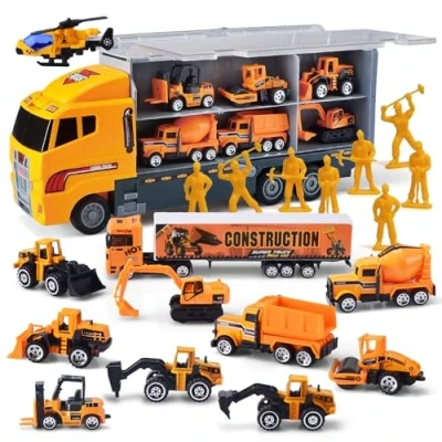 Afbeelding van JOYIN 11 mini BAU vrachtwagen in 1 gegoten constructie, speelgoedauto&#039;s, speelgoedvoertuigset met 8 technische figuren, kinderverjaardagscadeaus voor jongens vanaf 3 jaar