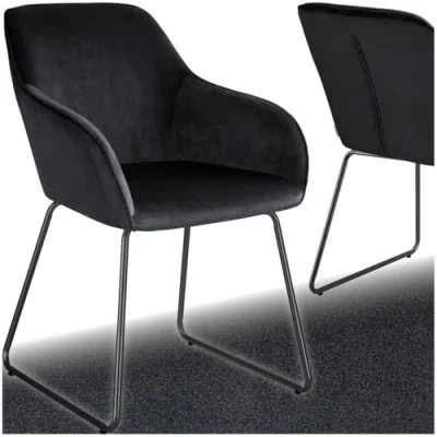 Afbeelding van tectake® Eetkamerstoel Jeane met doorlopende rugleuning en armleuning Kuipstoel fluwelen bekleding Stijlvolle keukenstoel voor eetkamer of woonkamer Slipvrije vloerbeschermende voetjes Zwart/zwart