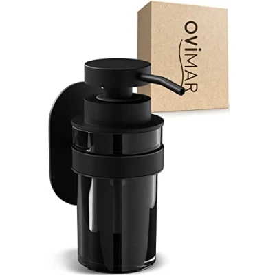 Afbeelding van ovimar zeepdispenser Lokta zwart met muurbevestiging om te boren gemaakt van roestvrij staal en glas extra grote opening gemakkelijk bij vullen (Zelfklevende montage, Zwart)