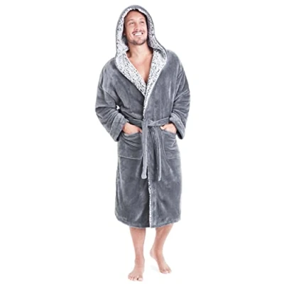 Afbeelding van CityComfort badjas voor heren, behaaglijke fleece, ochtendjas met capuchon en zakken, warme kamerjas van pluche, lang, zachte saunajas plezier vakantie, badjas, cadeau mannen, grijs, M