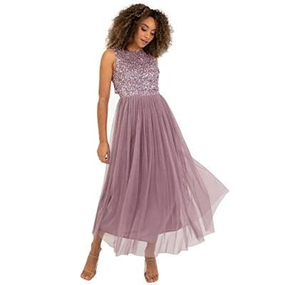 Afbeelding van Maya Deluxe Vrouwen Midaxi Jurk Dames Mouwloze Pailletten Hoge Empire Taille Tule Versierd voor Bruiloft Gast Bal Bruidsmeisje, Moody Lila, 34