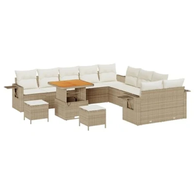 Afbeelding van vidaXL 13 delige Tuinbank Set met Kussens Beige Poly Rattan Acacia, 3 Tuin Eet Acacia