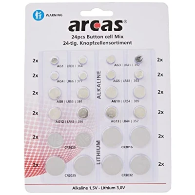 Afbeelding van Arcas 12752400 alkaline en lithium knoopcellen assortiment, 24 delig, 16x 8x lithium, ideaal voor horloges, rekenmachines, speelgoed sleutellampen,0,5 x 2 cm,chroom