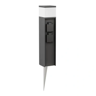 Afbeelding van ledscom.de Meerpaal POMI met grondspies voor buiten, 39cm, zwart, 2 stopcontacten, incl. G9 lamp, 501lm, warm wit