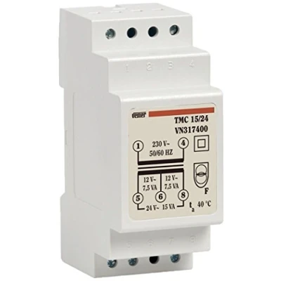 Afbeelding van VEMER VN317400 TMC 15/24 transformator 24 V voor continu gebruik, montage op DIN rail, vermogen 15 V, wit
