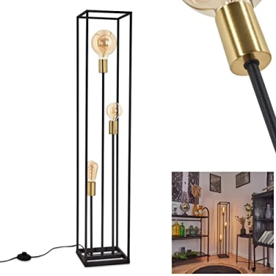 Afbeelding van vloerlamp Ibusuki, van metaal in zwart/goudkleur, 3 lamp, x E27 fitting, hoogte 120,5 cm, lamp met rasteroptiek industriële stijl voetschakelaar op de kabel, zonder gloeilampen