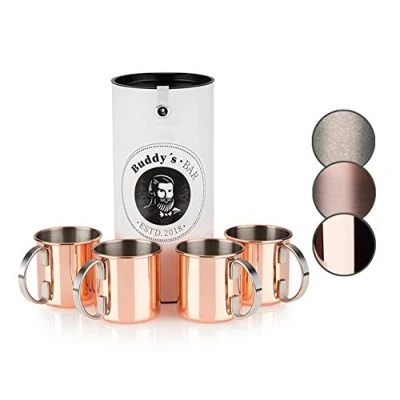 Afbeelding van Buddy&#039;s Bar Moscow Mule mok, 450 ml, hoogwaardige roestvrijstalen beker, geschikt voor levensmiddelen, cocktailbeker inclusief geschenkdoos, koper gepolijst, set van 4