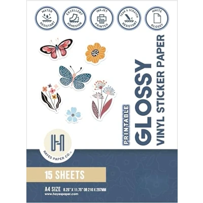 Afbeelding van Hayes Paper Co. Afdrukbaar vinylstickerpapier voor printer A4 stickervellen om af te drukken glanzend stickerpapier, waterdicht inkjetprintpapier in wit (15 vellen)