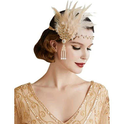 Afbeelding van BABEYOND Haarband met veer voor dames jaren 20 stijl flapper Art Deco geïnspireerd door Great Gatsby bladeren schitterende kristallen haarband, champagne, Eén maat