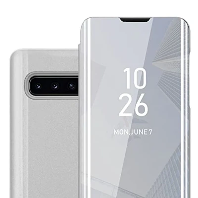 Afbeelding van Cadorabo Hoesje geschikt voor Samsung Galaxy S10 PLUS in AGAAT ZILVER Clear View Spiegel Beschermende Case met Tribunefunctie 360 Graden Bescherming Book Cover Etui