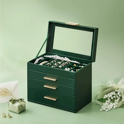 Afbeelding van Sieraden Doos Sieradendoos juwelendoos met 4 niveaus, glazen deksel, 3 laden, voor zonnebrillen, grote juwelen, opbergen van modern