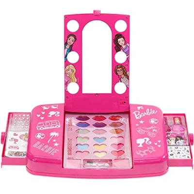 Afbeelding van Townley Girl Barbie Beauty Vanity Set met oplichtende spiegel Inclusief lipgloss, oogschaduw, borstels, nagellak, accessoires en meer! Leeftijd 3+ Ideaal voor feestjes