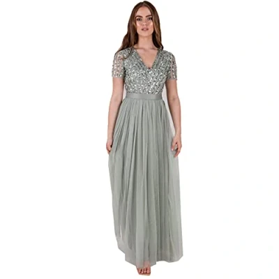 Afbeelding van Maya Deluxe Dames groene lelie korte mouw gestreept bruidsmeisje maxi jurk 12