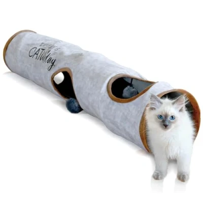Afbeelding van KaraLuna Premium kattentunnel 120 x 24 cm I 3 kijkgaten &amp; speelballen katten speeltunnel opvouwbaar kattenspeelgoed tunnel rascheltunnel grot rol kat grijs konijn XXL
