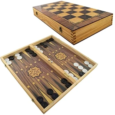 Afbeelding van PrimoLiving Deluxe houten Backgammon Set 40x40 cm inclusief schaakbord huiskamerspel praktisch reisspel met koffer hoogwaardig bordspel voor jong en oud