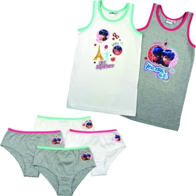 Afbeelding van Miraculous Ladybug ondergoed set 2 hemdjes + 4 onderbroekjes wit/grijs/neon maat 134/140