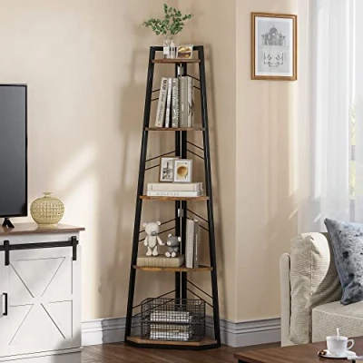 Afbeelding van YITAHOME Hoekplank 5 niveaus, industriële boekenplank moderne staande hoek boekenkast ladder plank houten open display rekken unit voor woonkamer, hal, thuiskantoor, rustieke bruine