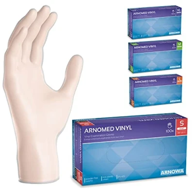Afbeelding van Wegwerphandschoenen ARNOMED vinyl S, 100 stuks per doos, poedervrije wegwerphandschoenen, handschoenen verkrijgbaar in de maten M, L &amp; XL