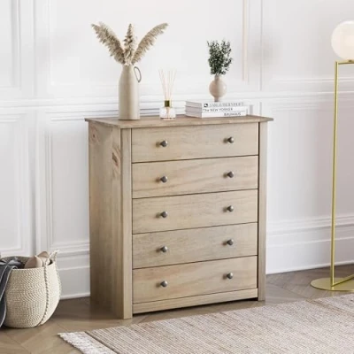 Afbeelding van Home Discount Panama commode met 5 laden van massief grenenhout gewaxt eikenhouten afwerking